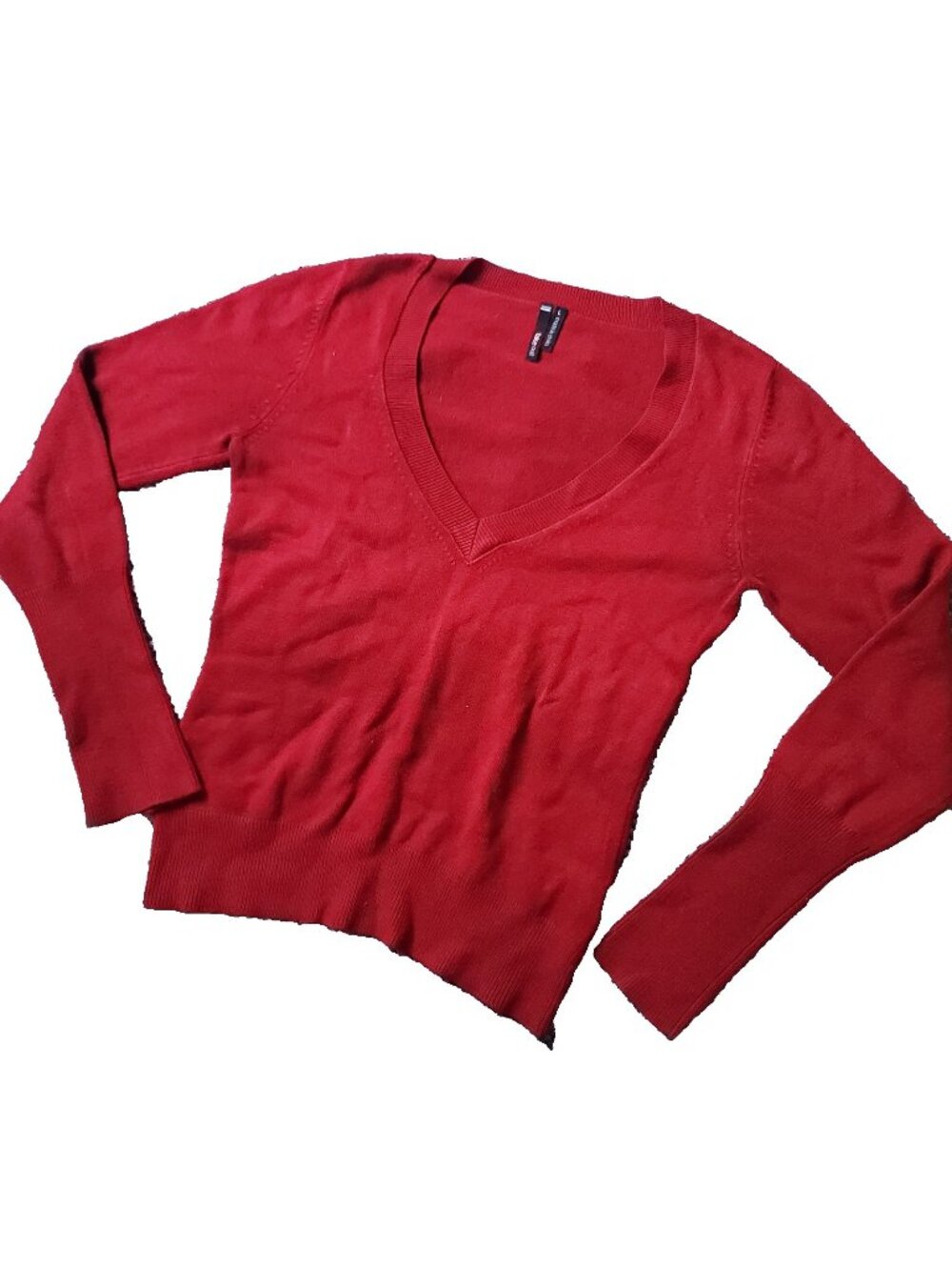 Y2K Takeout Womens L Large Red V-Neck Sweater Ribbed Long Sleeve Acrylic Blend